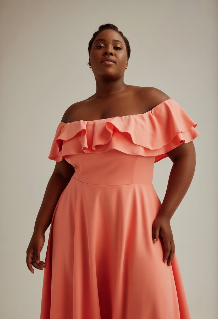 A plus size Black woman standing confidently in an off-shoulder ruffle dress against a plain background.