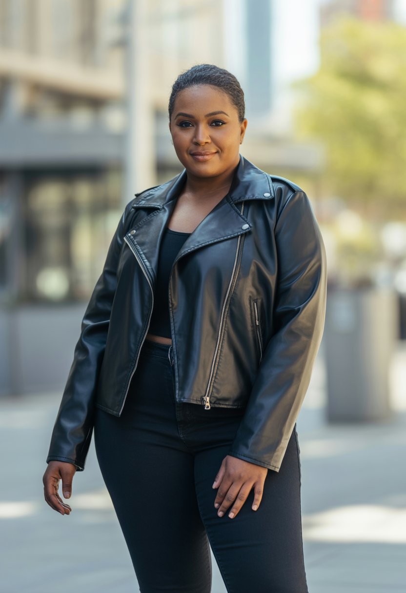 A plus size Black woman standing outdoors wearing a black leather jacket and skinny jeans, smiling confidently.