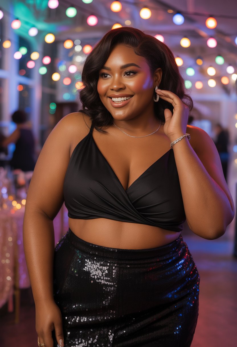 A plus size Black woman smiling and standing in a festive party setting wearing a sequined skirt and stylish outfit.