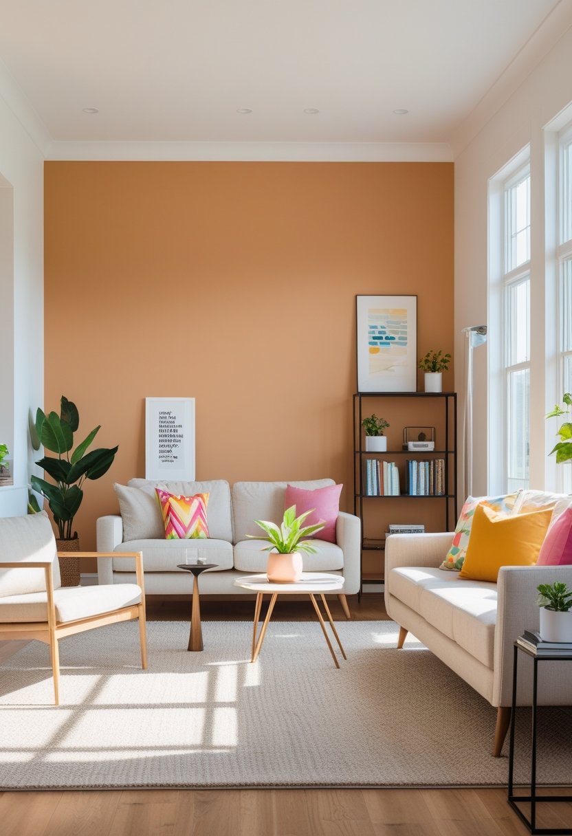 A modern living room with a freshly painted accent wall, a sofa, coffee table, and natural light coming through large windows.