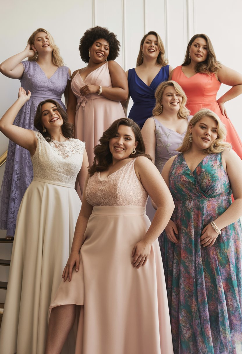 Ten plus size women wearing different elegant dresses posing together in a bright studio.