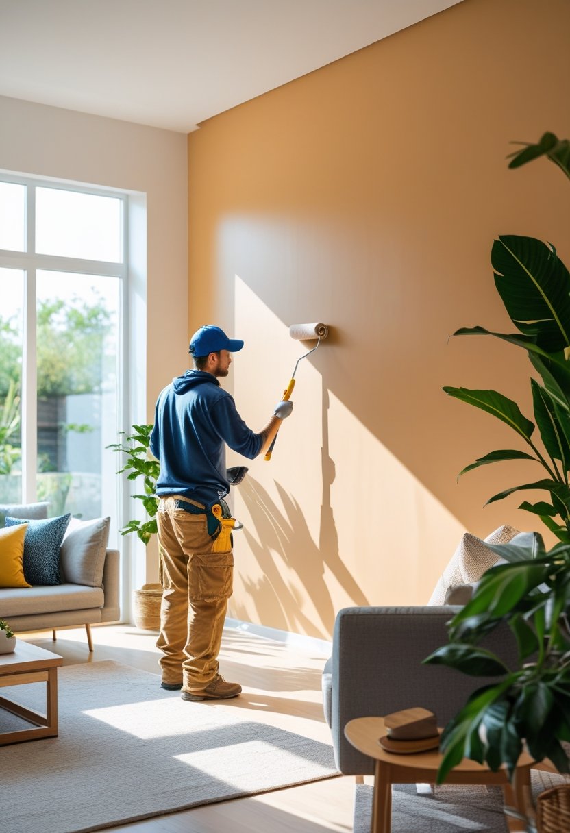 A person painting a wall in a bright living room with modern furniture and plants.