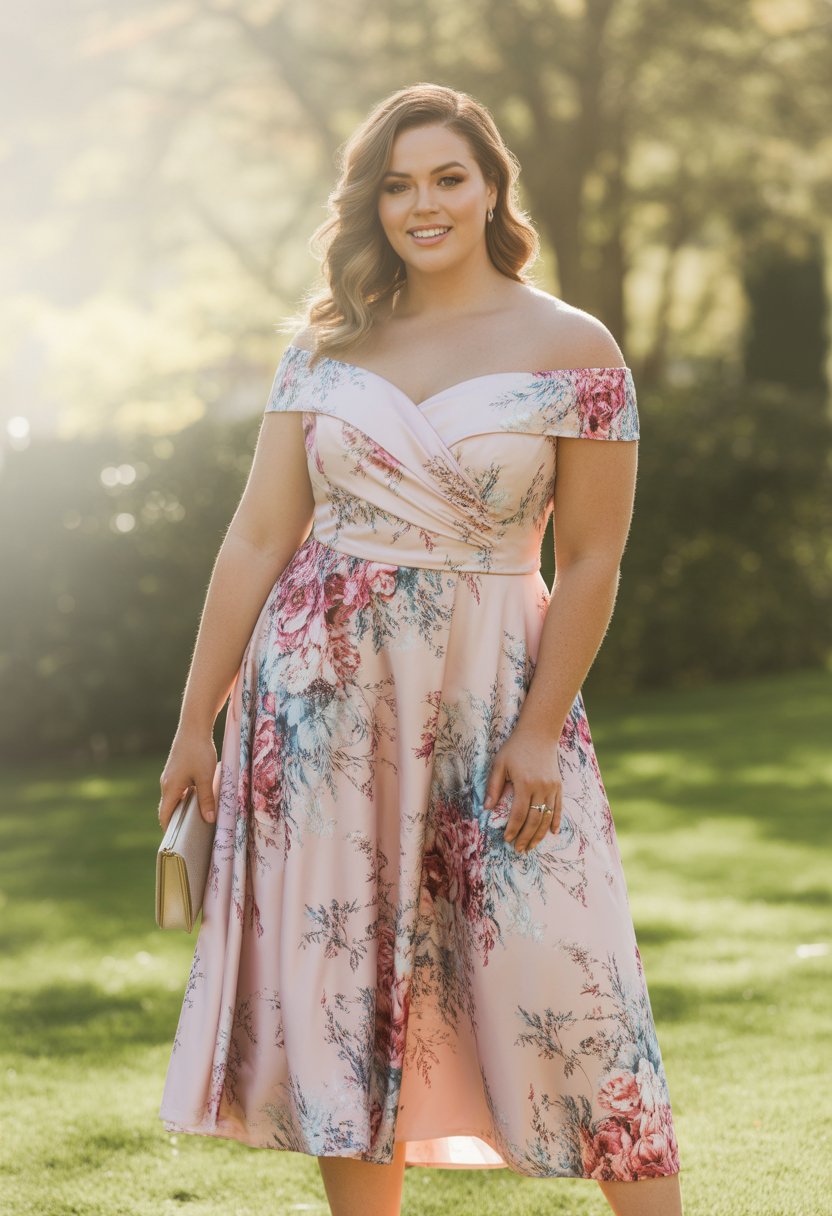A plus size woman stands outdoors wearing a floral off-the-shoulder midi dress, smiling gently with greenery in the background.