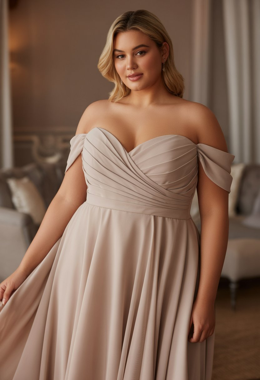 A plus size woman standing indoors wearing a flowing gown with a sweetheart neckline.