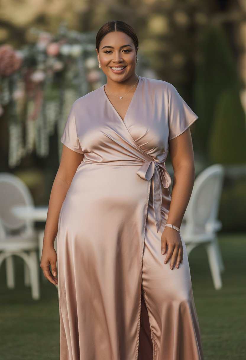 A plus size woman standing outdoors wearing a long flowing dress, smiling gently with a blurred garden background.