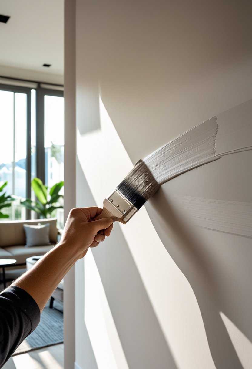 A person painting a living room wall with a brush, showing a smooth and even paint finish near the corner of the room.