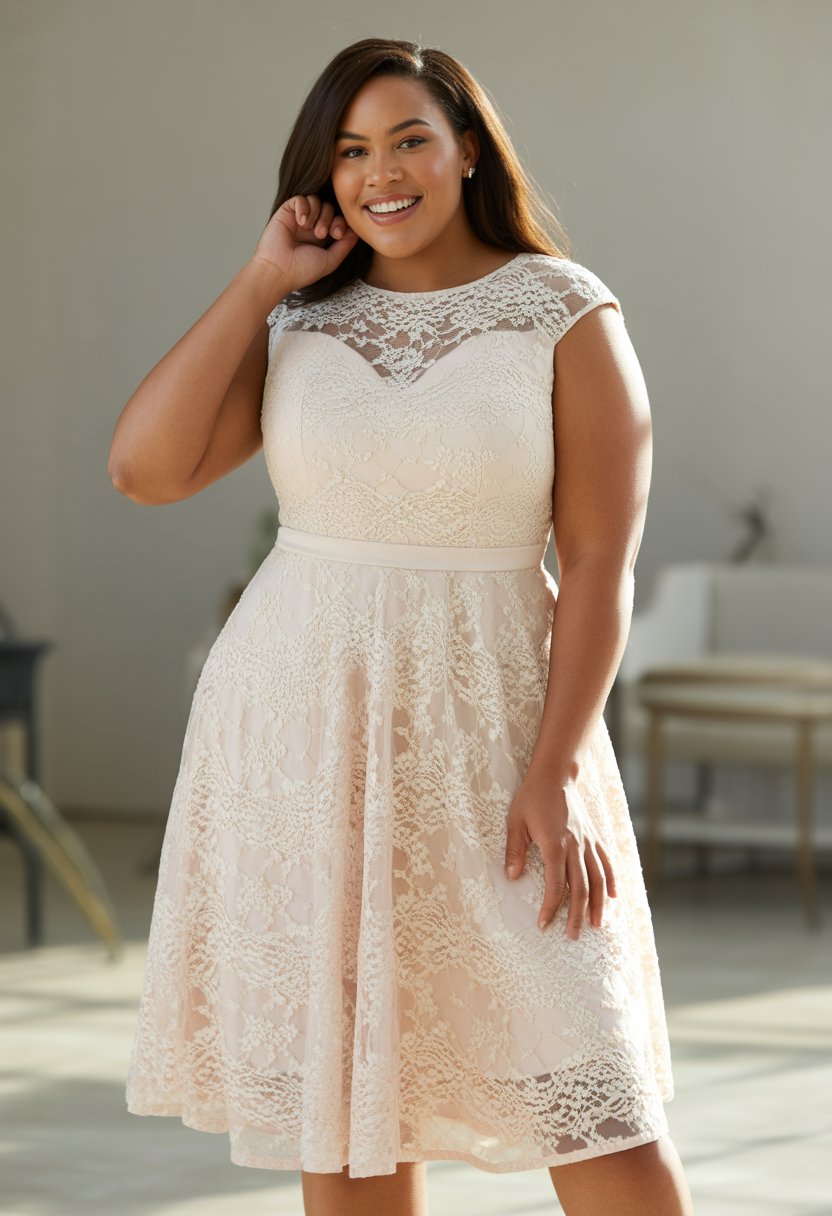 A plus size woman standing and smiling, wearing a lace cocktail dress in a bright studio.