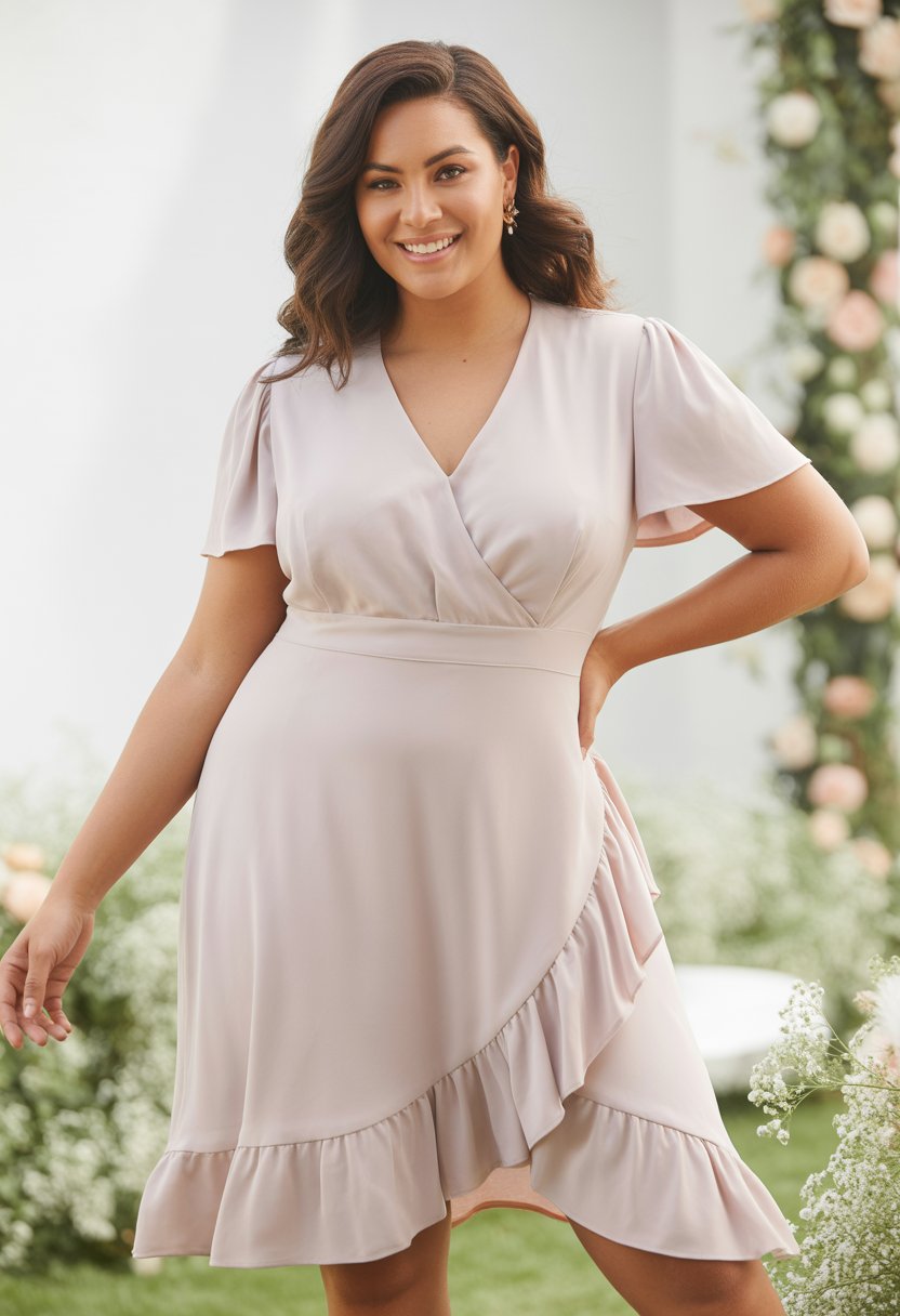 A plus size woman standing outdoors in a garden wearing a V-neck dress with a ruffle hem.