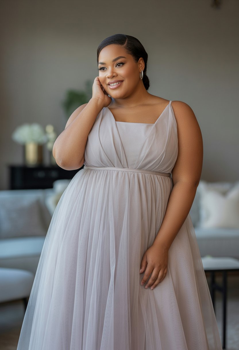 A plus size woman standing indoors wearing a flowing gown, smiling gently.