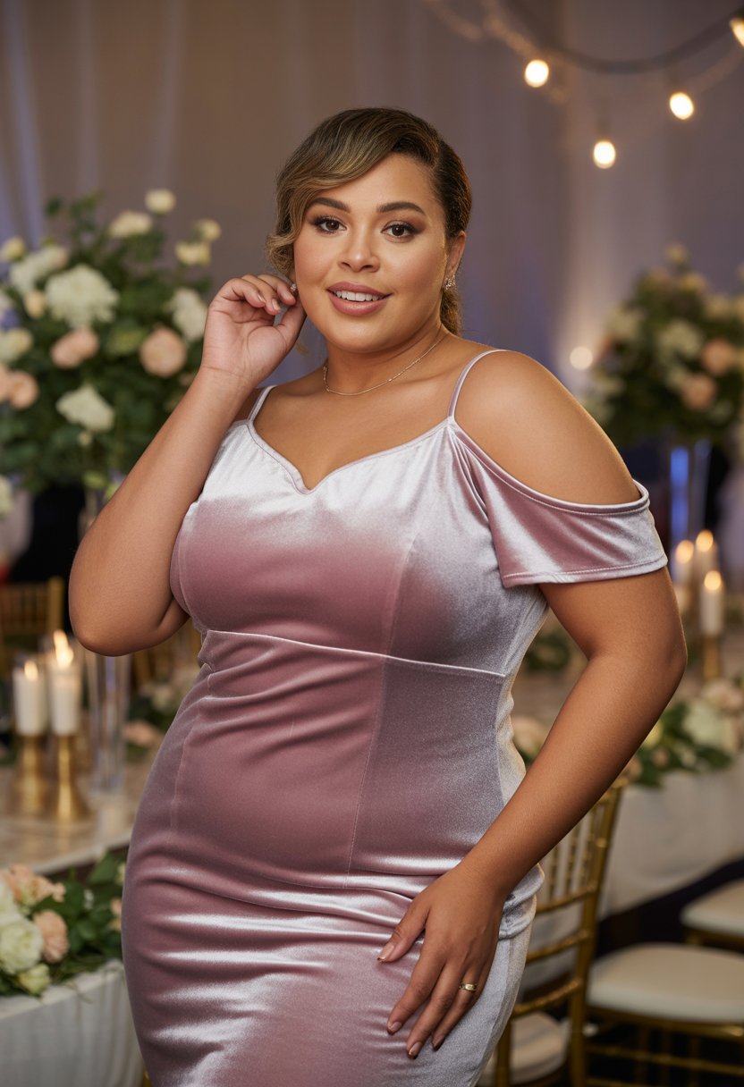A plus size woman wearing a cold-shoulder velvet dress at a wedding venue, smiling and posing gracefully.