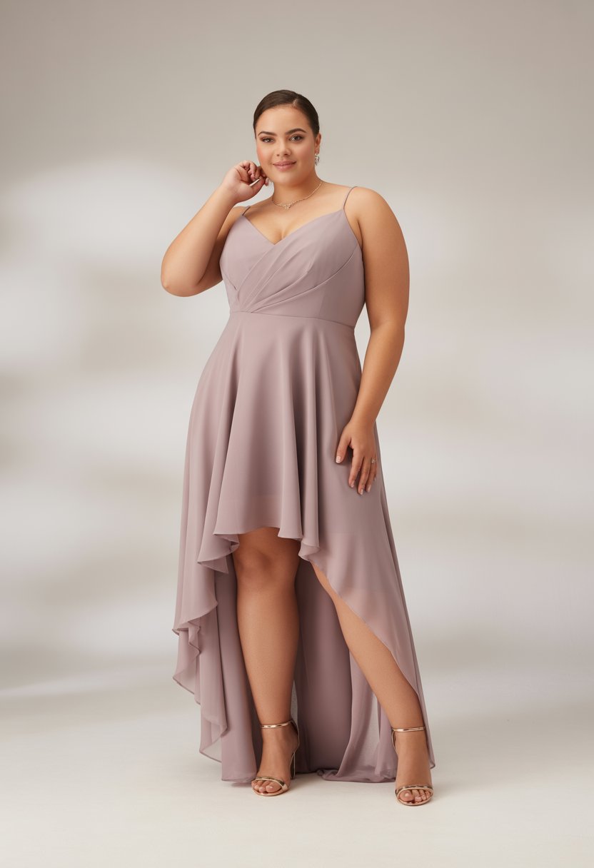 Plus size woman standing and smiling, wearing a flowing high-low chiffon evening dress in a neutral studio setting.