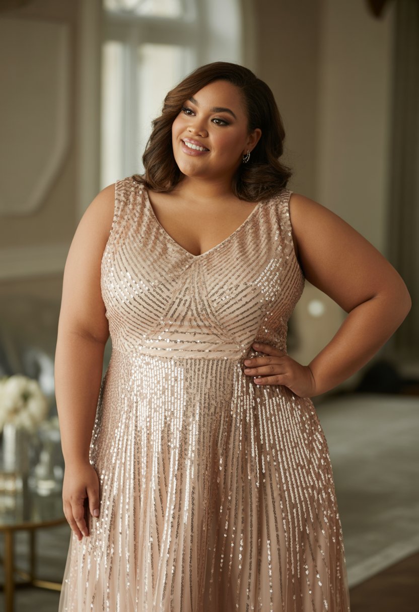 A plus size woman wearing a sparkly fit-and-flare dress standing indoors and smiling.
