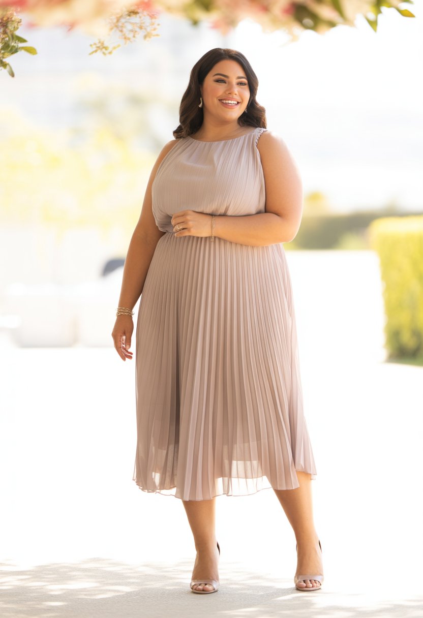 A plus size woman stands outdoors wearing a pleated midi dress, smiling with greenery in the background.