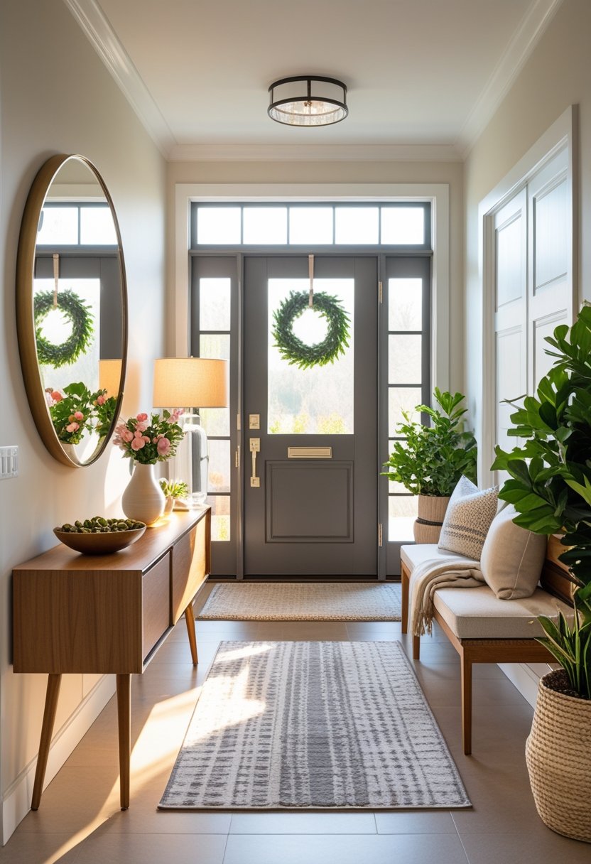 A welcoming entryway with a wooden console table, fresh flowers, a round mirror, a bench with cushions, potted plants, and a patterned rug leading to a front door.