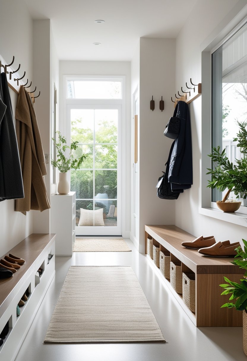 An organized entryway with a wooden bench, storage baskets, hooks holding coats and bags, a shoe rack, and a small table with decorative items, all illuminated by natural light.