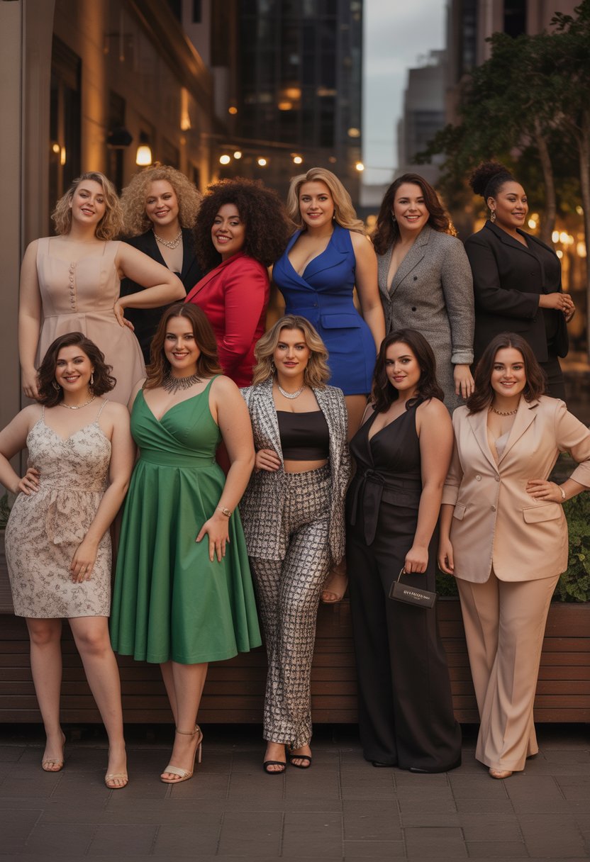 A group of plus size women wearing various stylish outfits posing together outdoors at night.