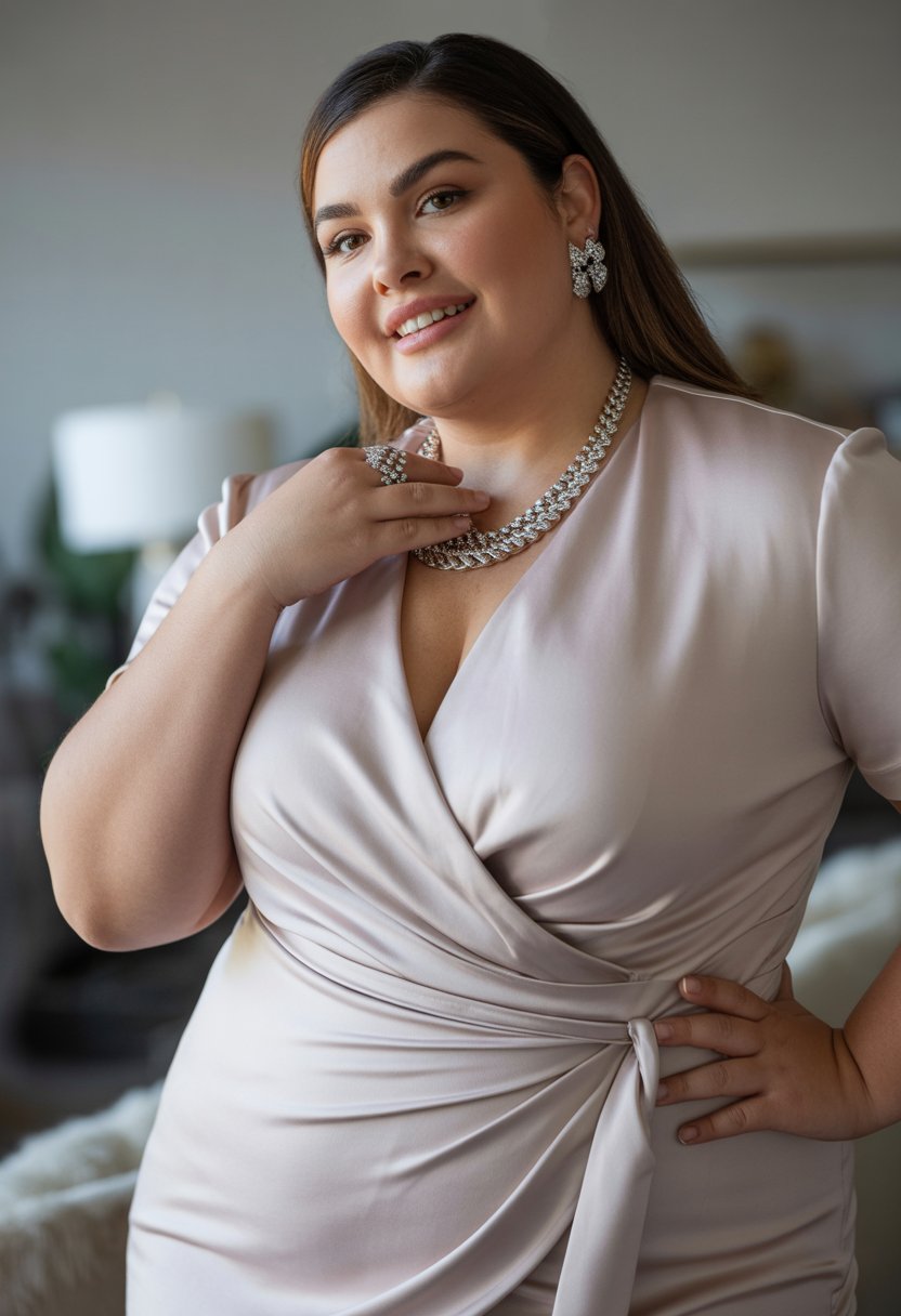A plus size woman wearing an elegant wrap dress and statement jewelry, standing indoors and smiling.