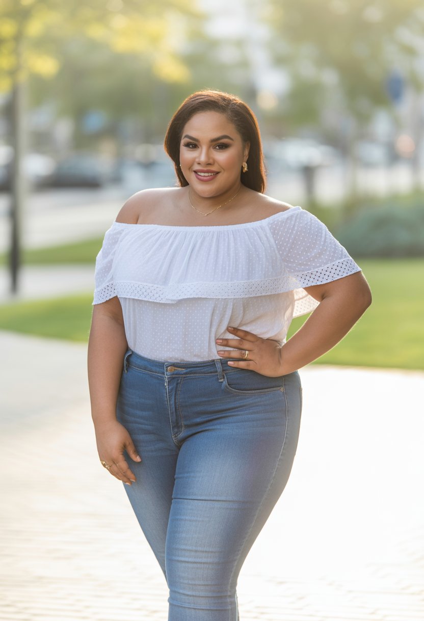A plus size woman smiling outdoors wearing an off-the-shoulder blouse and skinny jeans.