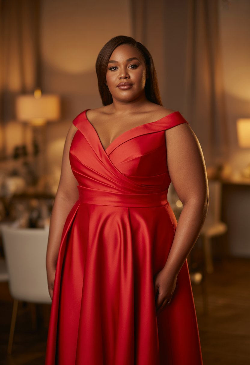 A plus-size woman standing indoors wearing a red floor-length gown with a fitted bodice.