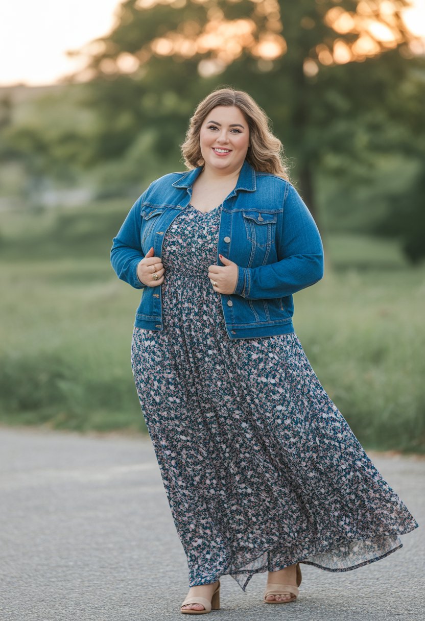 A plus size woman stands outdoors wearing a floral maxi dress and denim jacket, smiling with a blurred natural background.