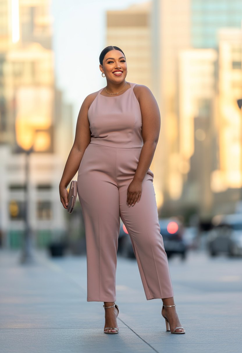 A plus size woman standing outdoors wearing a jumpsuit and strappy heels, smiling confidently.