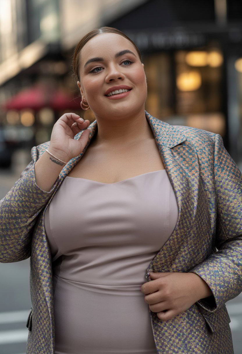 A plus size woman wearing a printed blazer over a sleek top, smiling and standing outdoors in the evening.