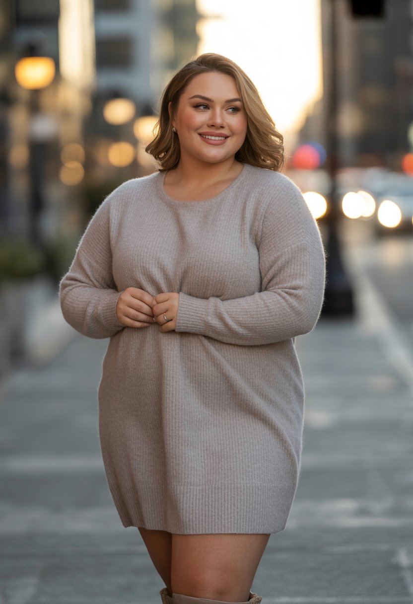 Plus size woman standing outdoors wearing a knit sweater dress and ankle boots, smiling gently on a city street.