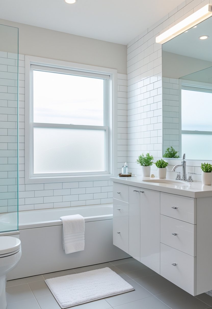 A clean and bright rental bathroom with a white bathtub, white tiled walls, a large mirror, and a white vanity with plants and towels.