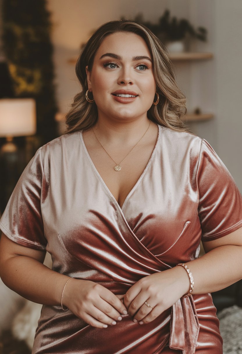 A plus size woman wearing a velvet wrap dress and delicate jewelry, standing in a softly lit indoor setting.