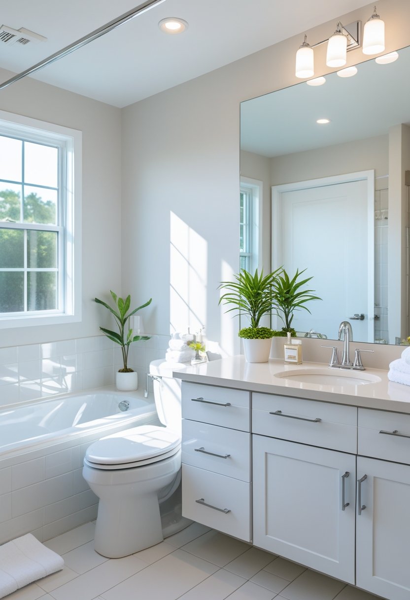A clean and bright rental bathroom with a bathtub, vanity, mirror, and neatly arranged toiletries.