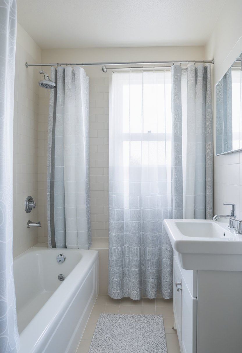A clean rental bathroom with a white bathtub and a modern shower curtain, bright natural light coming through a frosted window.