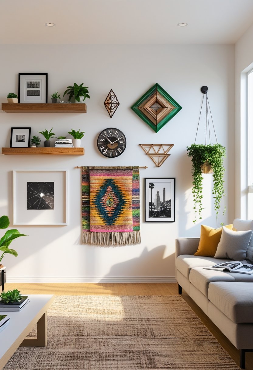 A living room with a blank wall decorated with artwork, shelves, plants, a clock, tapestries, and photographs, creating a warm and inviting space.
