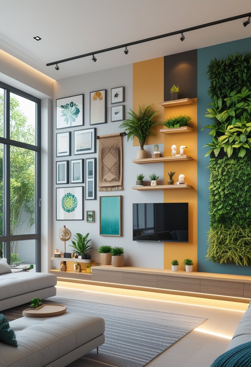 A modern living room with a large wall decorated with framed art, shelves with plants and sculptures, a textured hanging, an accent paint section, a vertical garden, a mirror, and LED lighting.