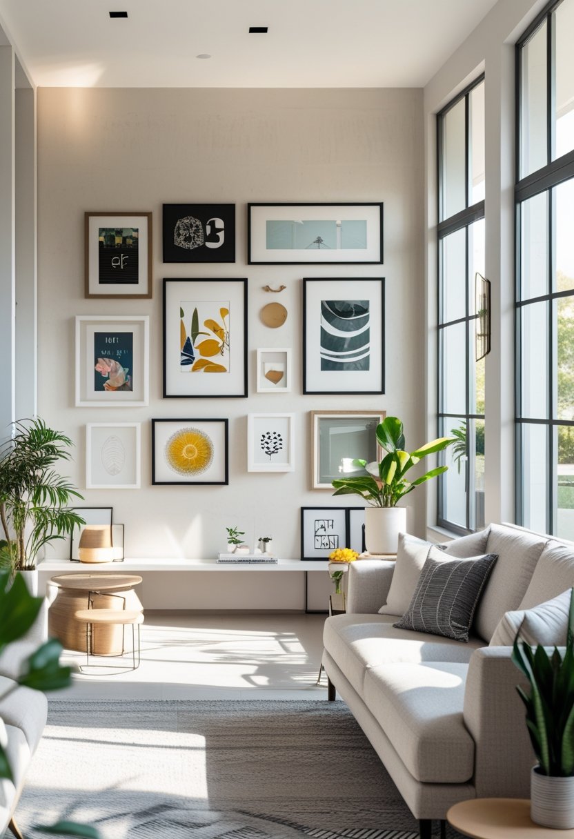 A living room with a gallery wall displaying seven different framed artworks and photos arranged creatively above a sofa.