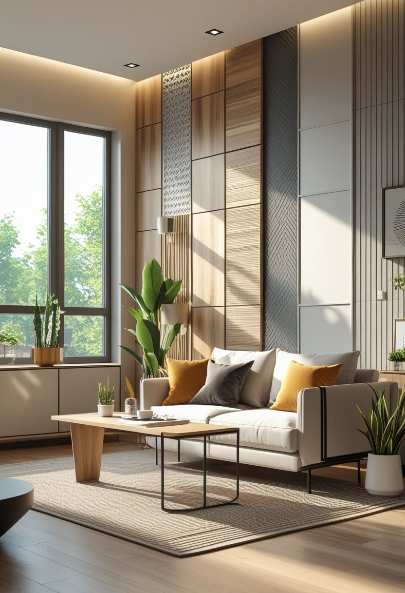 A bright living room with different types of wall paneling adding texture and depth to the walls, furnished with a sofa, coffee table, plants, and large windows letting in natural light.