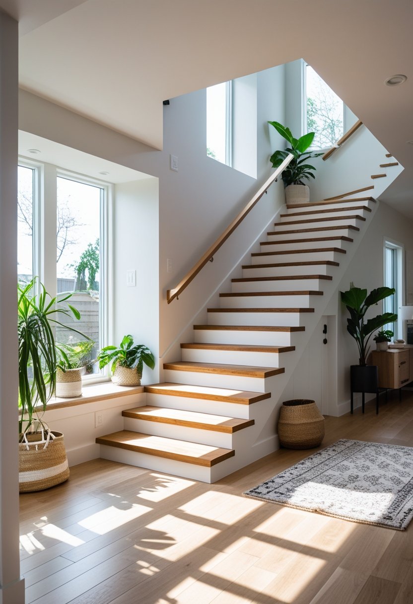 A modern staircase with wooden steps and white risers in a bright, clean home interior.