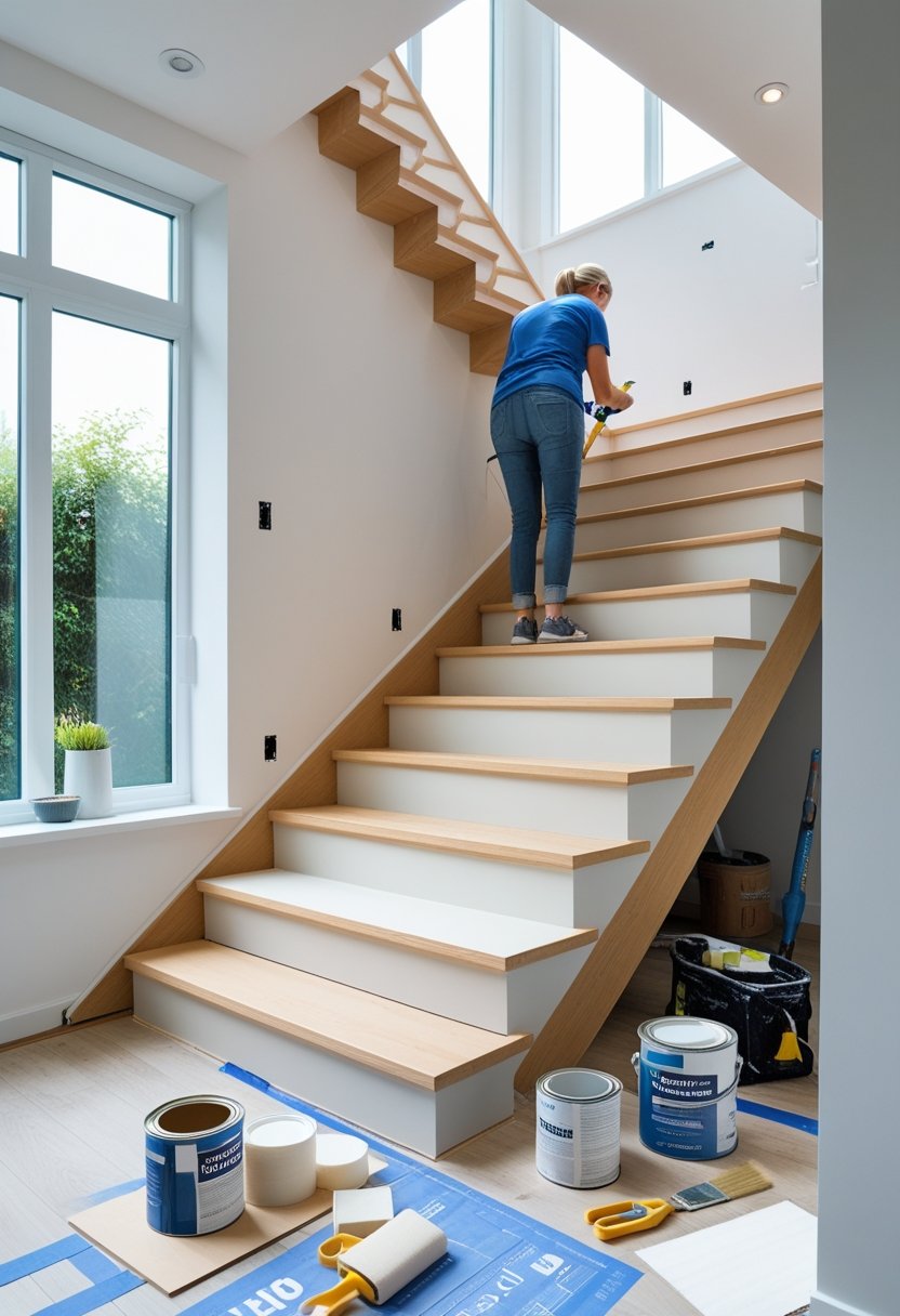 A person working on renovating a wooden staircase inside a bright home, with tools and paint supplies nearby.