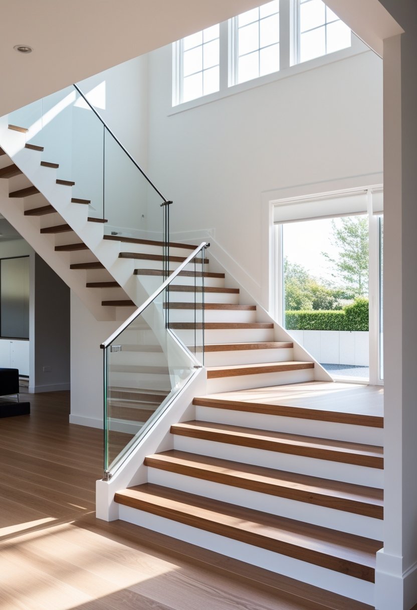 A bright, modern staircase with polished wooden steps and a glass railing in a clean, minimalistic home interior.