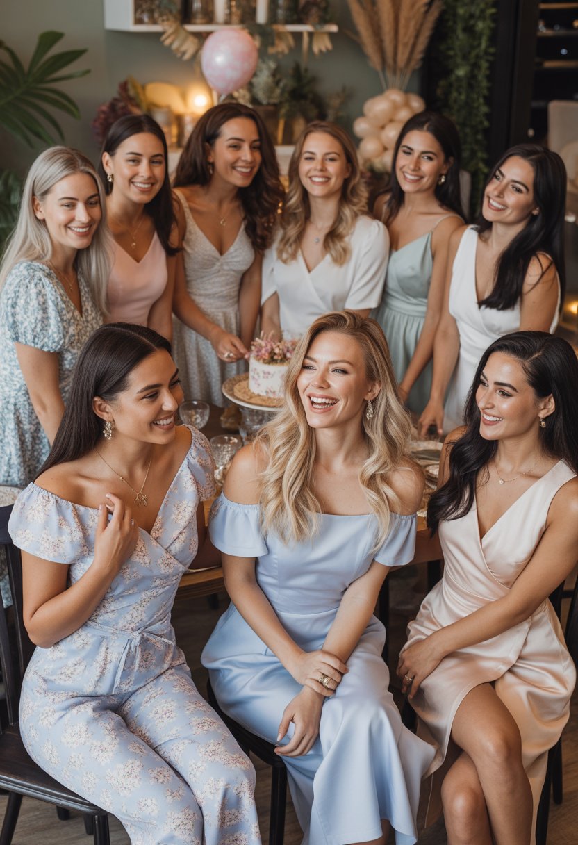 Ten women gathered around a dining table celebrating a birthday, each wearing a different casual dress outfit, smiling and enjoying the occasion indoors.