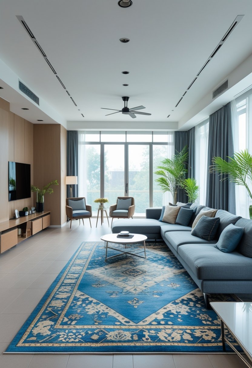 A living room with furniture blocking walkways and doorways, showing a cluttered and cramped layout.