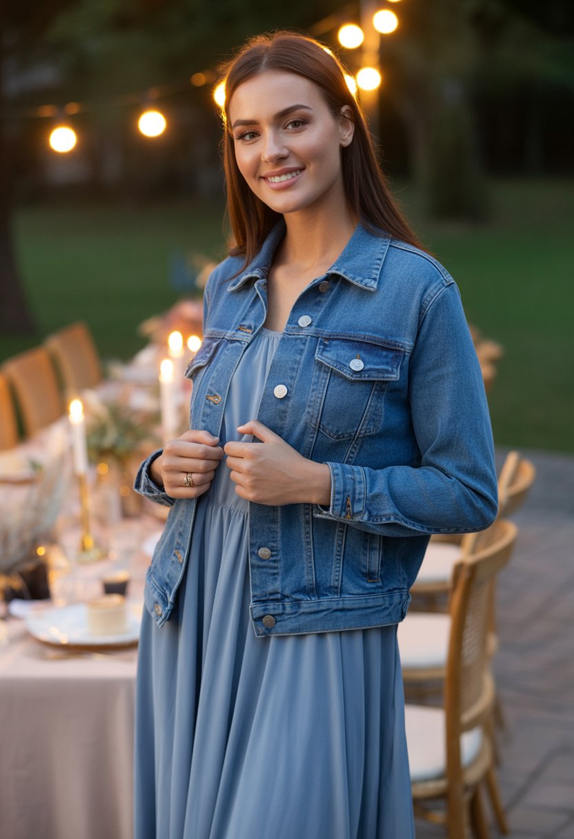 A woman smiling outdoors wearing a denim jacket over a long dress at a softly lit dinner setting.