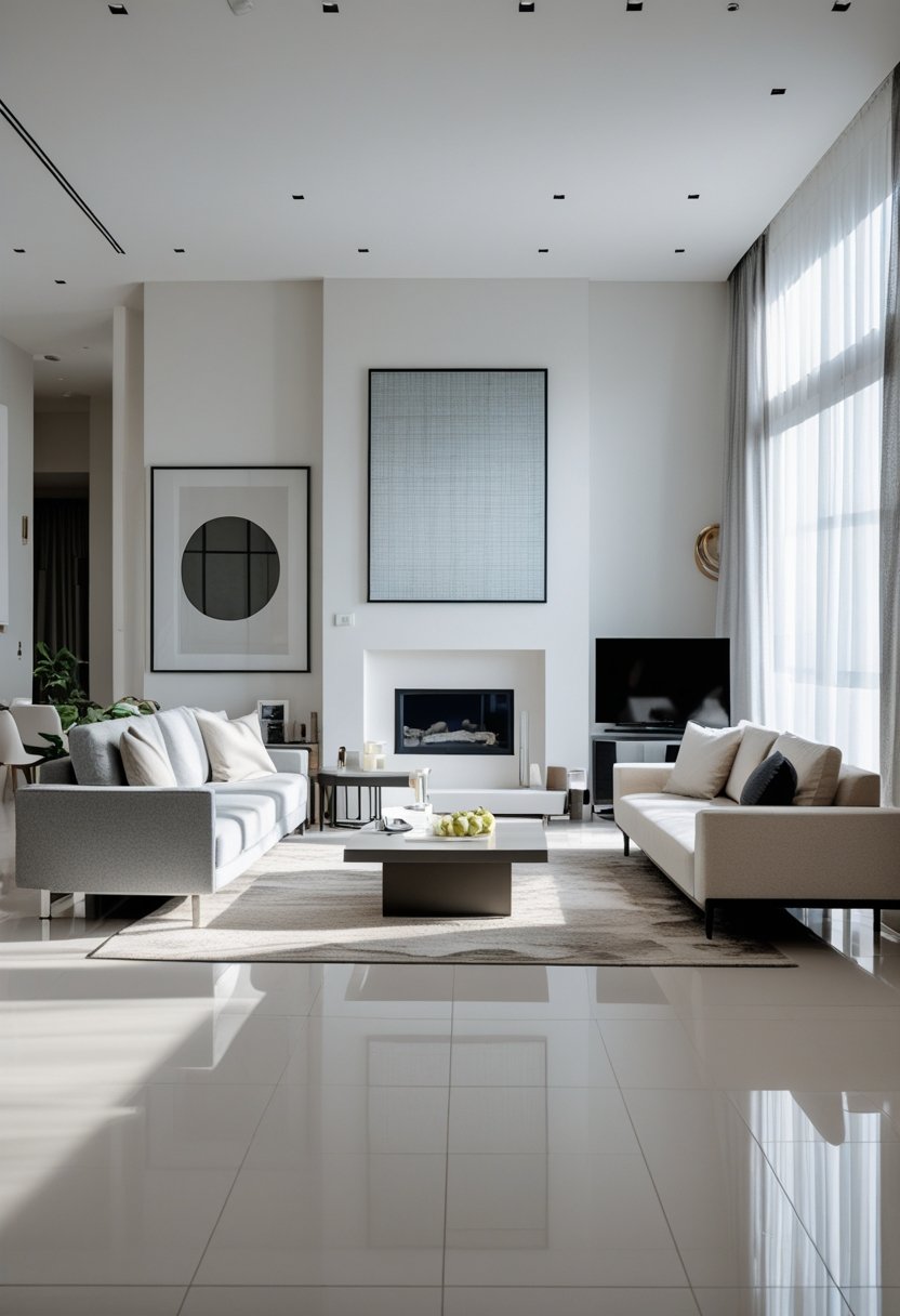 A modern living room with furniture arranged unevenly, an off-center artwork above a fireplace, and a television placed awkwardly in a corner.