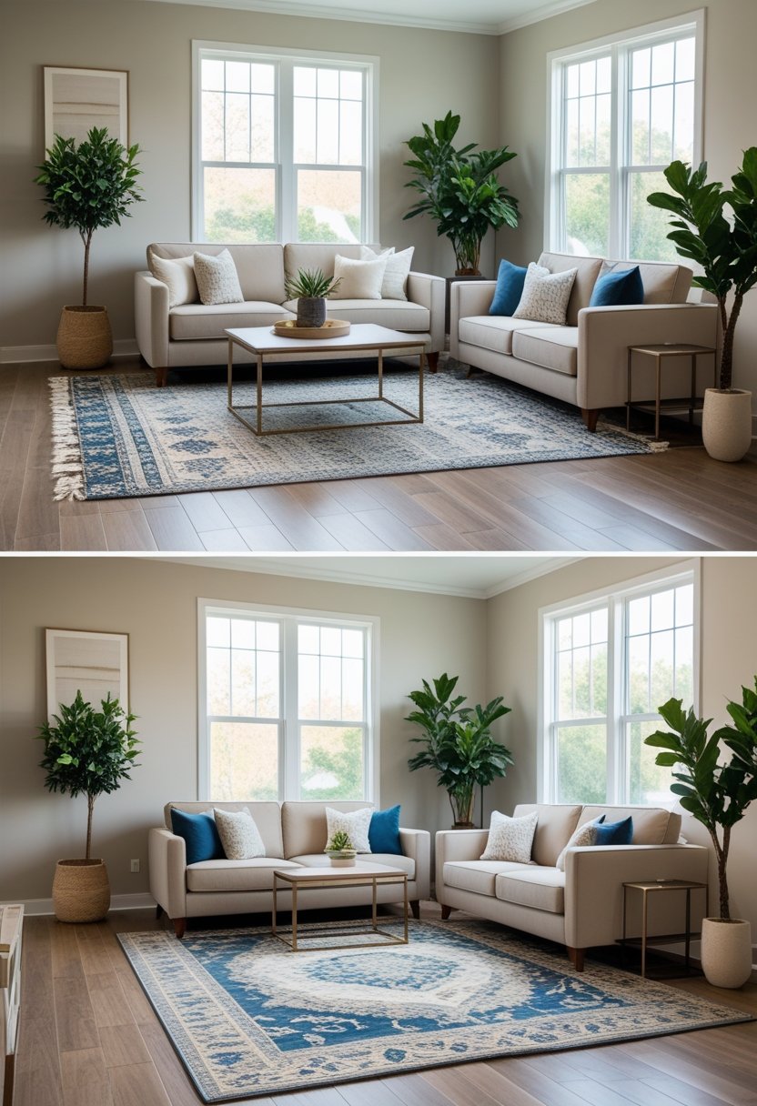 A living room with furniture and rugs showing common mistakes in rug placement and sizing.