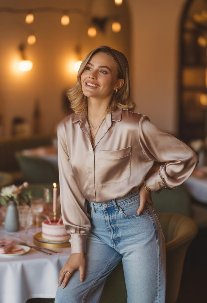 A woman sitting at a dinner table wearing high-waisted jeans and a silk blouse, smiling in a warmly lit dining setting.
