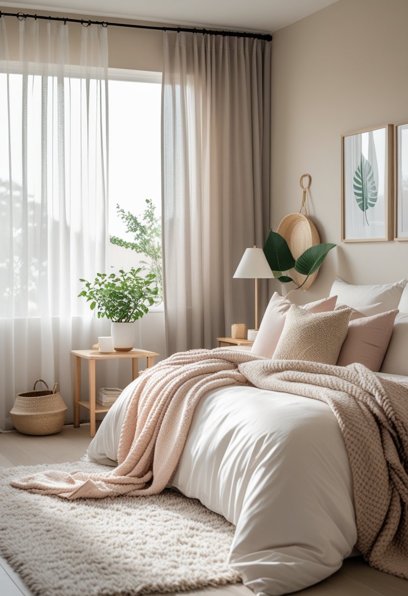 A calm and cozy bedroom with soft bedding, natural light through sheer curtains, a small wooden nightstand with a plant and lamp, and simple decorative elements creating a peaceful atmosphere.
