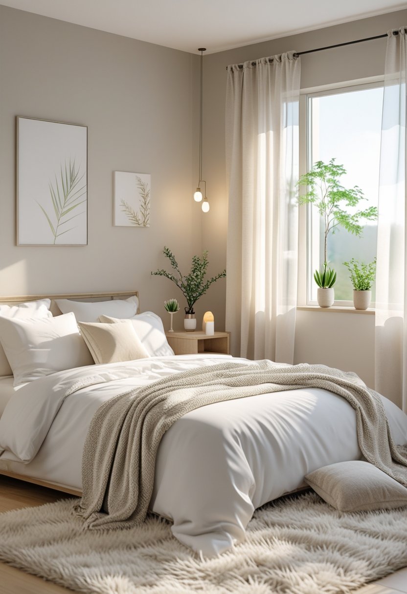 A calming bedroom with a neatly made bed, soft natural light, plants on nightstands, and neutral-colored decor.