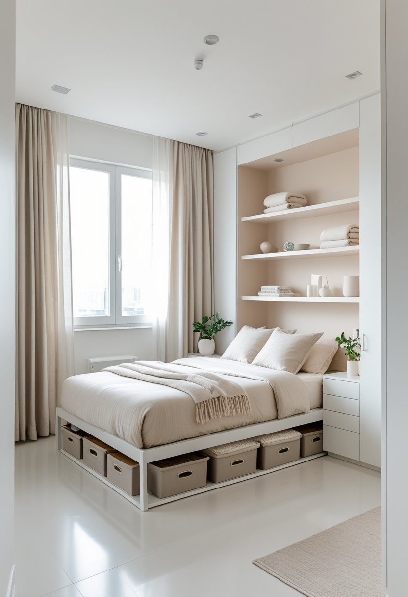 A tidy bedroom with a made bed, organized shelves, and natural light creating a calm and peaceful atmosphere.