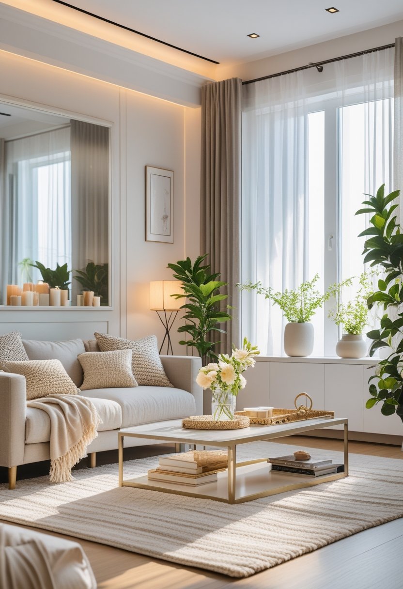 A modern living room with a sofa, coffee table, framed artwork, indoor plants, and natural light coming through large windows.