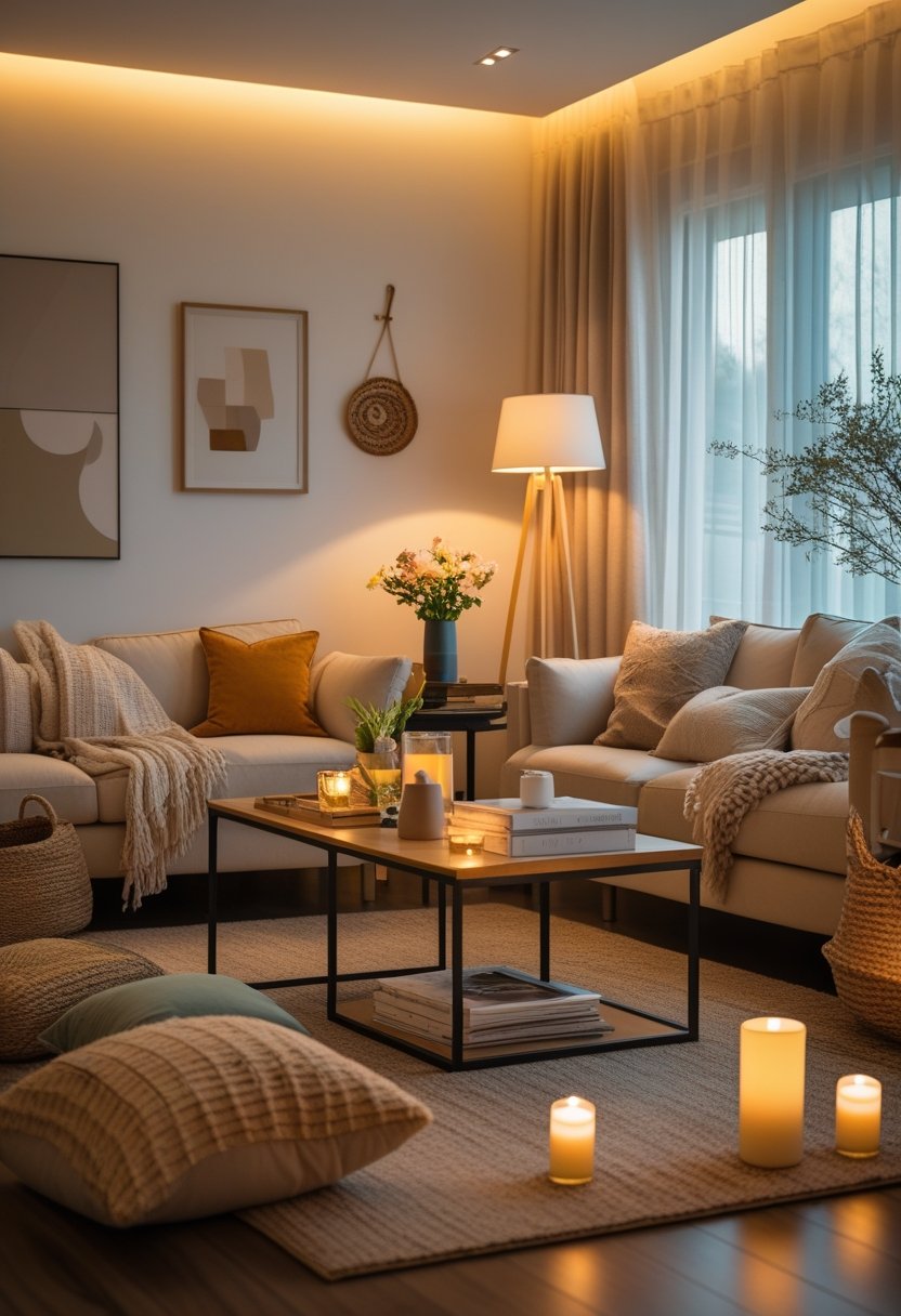 A cozy living room with layered warm lighting, elegant furniture, decorative plants, and small design details creating an inviting atmosphere.