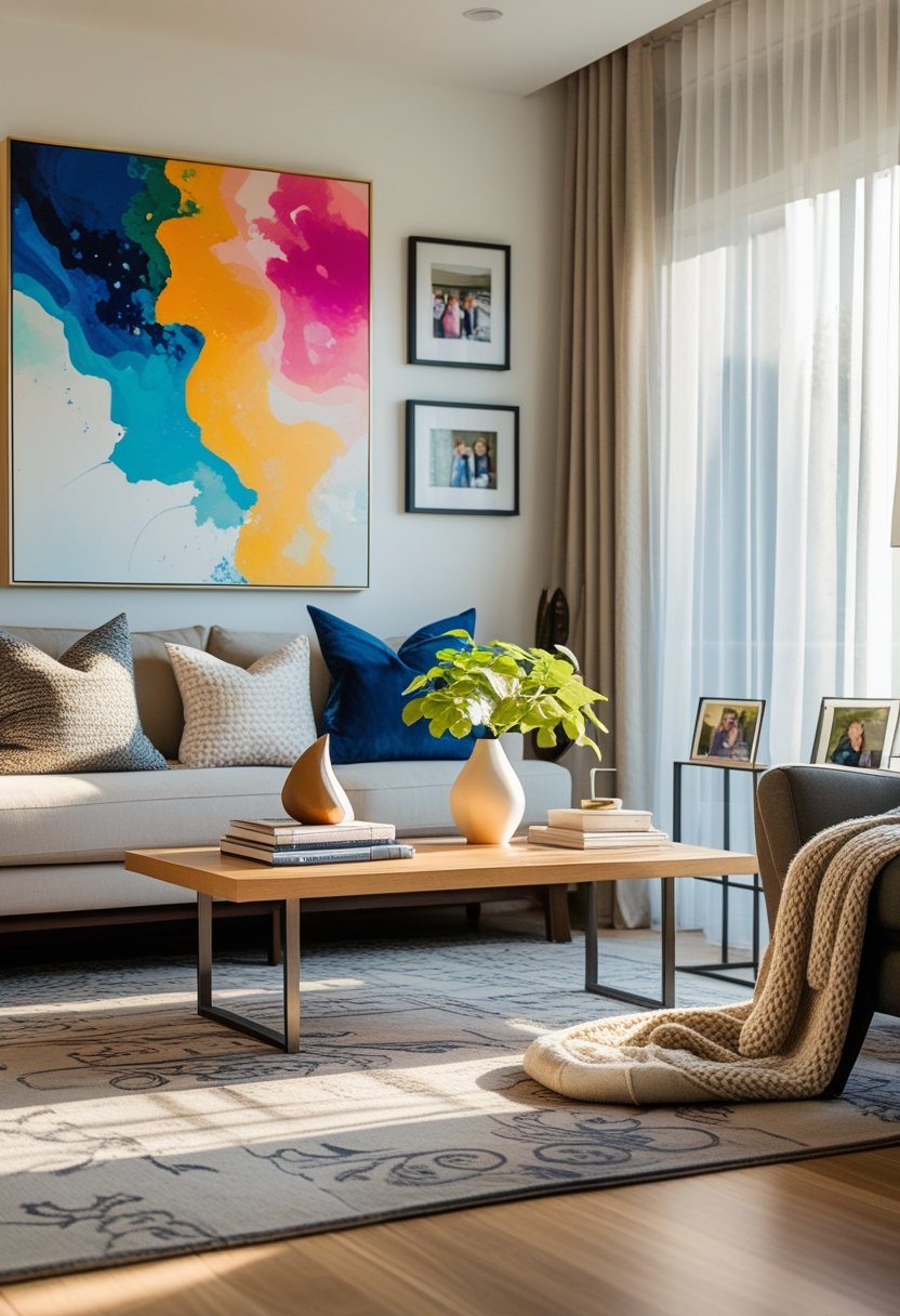 A living room with a colorful painting, sofa with pillows, decorative objects on a coffee table, plants, and framed photos on a shelf.